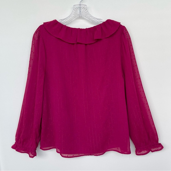 J. Crew Ruffle Blouse Shimmery Clip-Dots V-Neck Long Sleeve Elastic Cuff lined - Picture 5 of 8